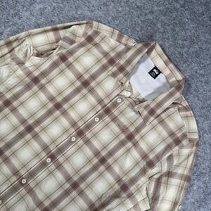 REI‎ Co-op Mens XL Plaid Nylon Spandex Hiking Shirt Tan Long Sleeve Button Up